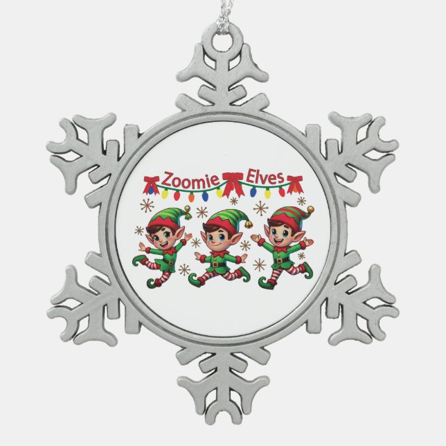 Zoomie Elves Weihnachten Schneeflocken Zinn-Ornament (Vorderseite)