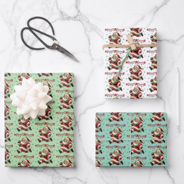 Zoomie Santa Christmas Geschenkpapier Set (Vorderseite)