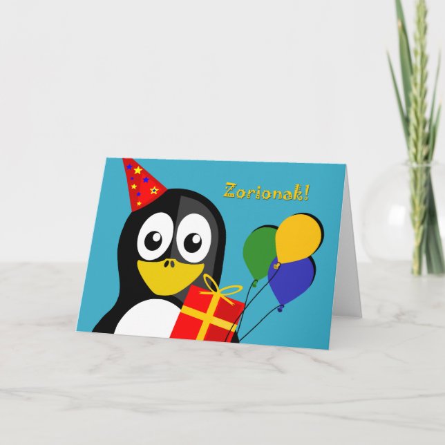 Zorionak! Geburtstag Greetins auf Basken, Pinguin Karte (Vorderseite)