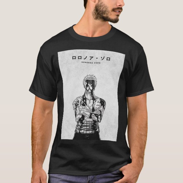 Zoro One Piece Monochrom Minimalist T-Shirt (Vorderseite)