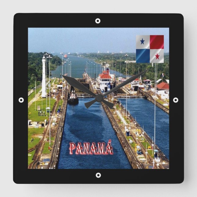 zPA014 PANAMA, CANAL LOCKS, Amerika, Quadratische Wanduhr (Vorderseite)