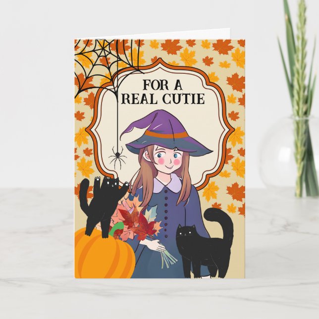 Zu Cousin Halloween Niedliche Hexe und Katzen Karte (Vorderseite)