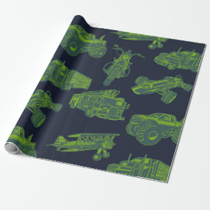 Zu den unterwegs "Blue & Green Moving Vehicles Boy Geschenkpapier