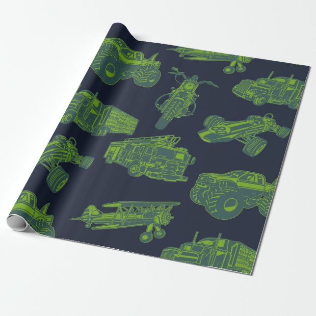 Zu den unterwegs "Blue & Green Moving Vehicles Boy Geschenkpapier (Ungerollt)