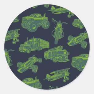 Zu den unterwegs "Blue & Green Moving Vehicles Boy Runder Aufkleber