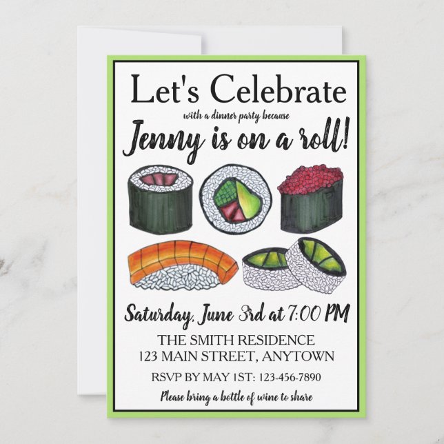 Zu einer (Sushi) Roll Gratulationen Feier Einladung (Vorderseite)