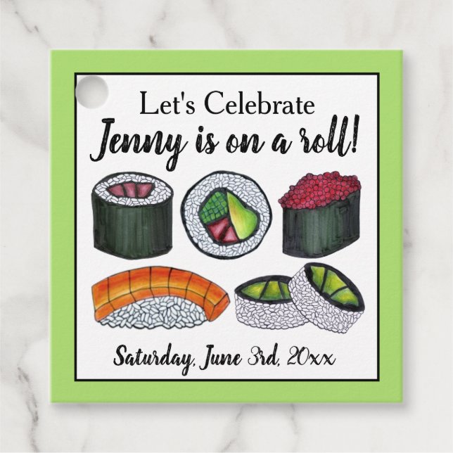 Zu einer (Sushi) Roll Gratulationen Feier Geschenkanhänger (Vorderseite)