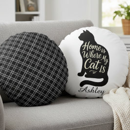 Zu Hause ist dort, wo meine Katze ist Schwarze Sil Rundes Kissen