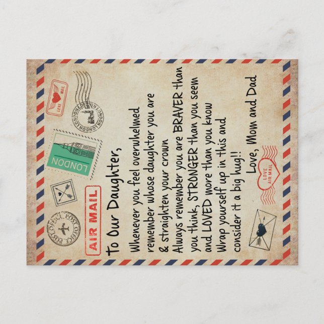 zu meinem Geschenk, Liebe Brief an unsere Tochter Ankündigungspostkarte (Vorderseite)