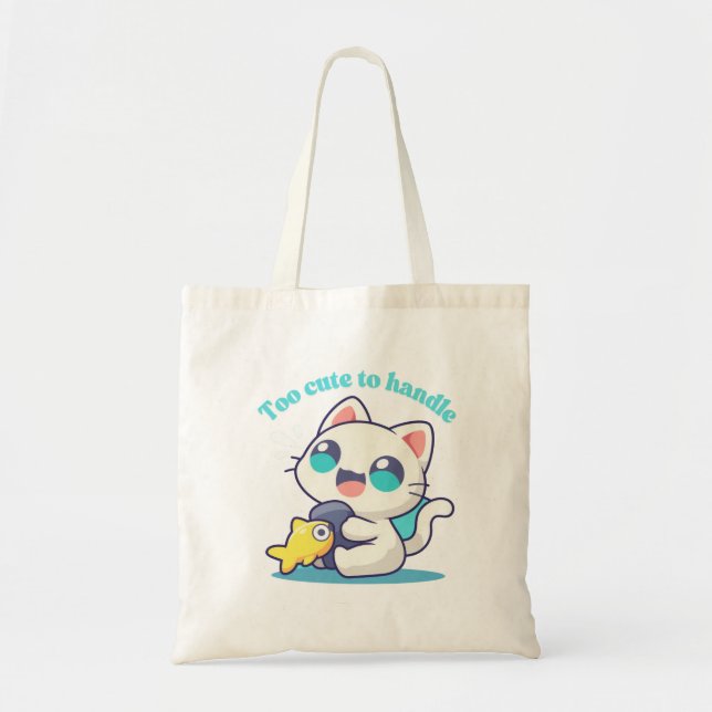 Zu Niedlich Kawaii Anim Cat & Fish Tote Bag Tragetasche (Vorne)