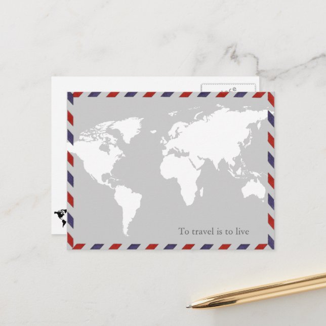 zu reisen ist zu leben . Weltkarte Postkarte (Vorderseite/Rückseite Beispiel)