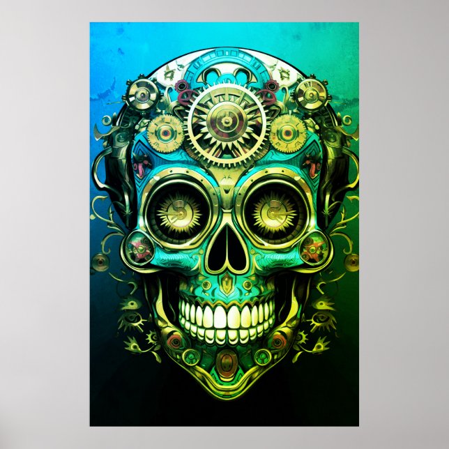 Zucker-Schädel-Bilder Cooler grüner + blauer Typ a Poster (Vorne)