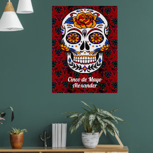Zucker-Schädel Cinco de Mayo rote Blumen Name groß Poster