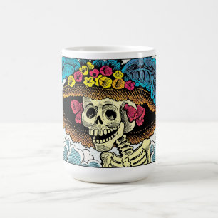Zucker-Schädel-Dame mit floralem Sonnenhut Pop-Art Kaffeetasse