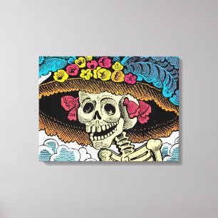 Zucker-Schädel-Dame mit floralem Sonnenhut Pop-Art Leinwanddruck