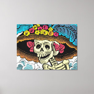 Zucker-Schädel-Dame mit floralem Sonnenhut Pop-Art Leinwanddruck