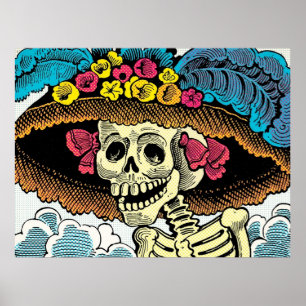 Zucker-Schädel-Dame mit floralem Sonnenhut Pop-Art Poster
