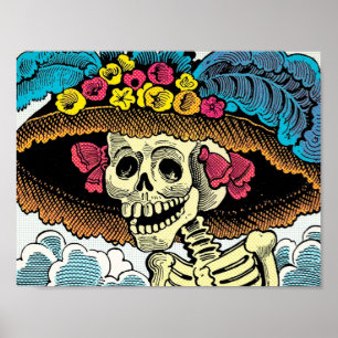 Zucker-Schädel-Dame mit floralem Sonnenhut Pop-Art Poster