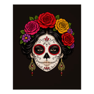Zucker-Schädel-Dame Weiße Linienkunst Gothic Poster