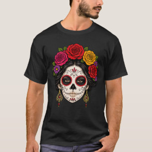 Zucker-Schädel-Dame Weiße Linienkunst Gothic T-Shirt