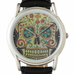 Zucker-Schädel-, Flower-Power-Hippie oder gothisch Armbanduhr