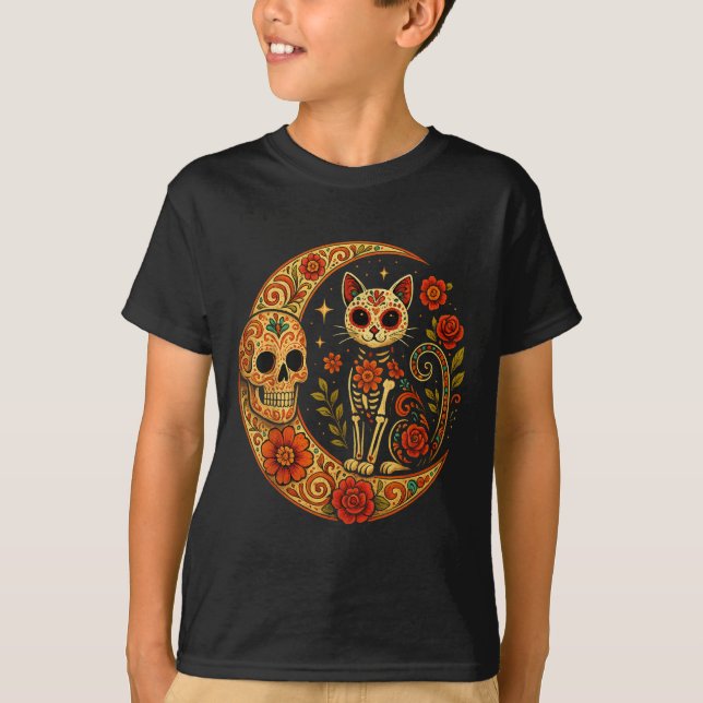 Zucker-Schädel-Katze Mond Dia De Los Muertos Lusti T-Shirt (Vorderseite)