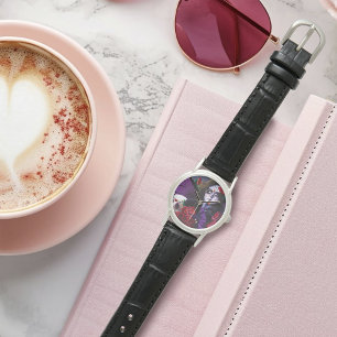 Zucker Schädel-Rote Rosen Lila Armbanduhr