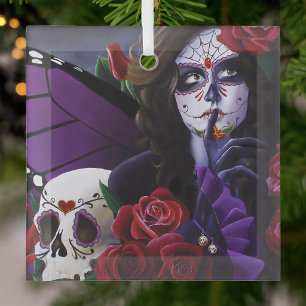 Zucker Schädel-Rote Rosen Lila Ornament Aus Glas