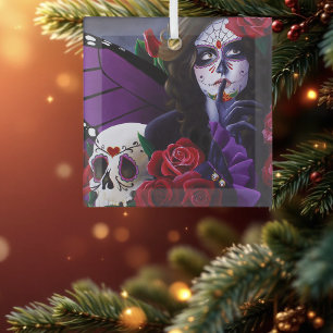 Zucker Schädel-Rote Rosen Lila Ornament Aus Glas