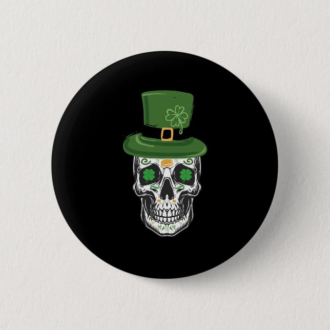 Zucker-Schädel-St.-Patrick-Tag-Leprechaun-Kleeblat Button (Vorderseite)