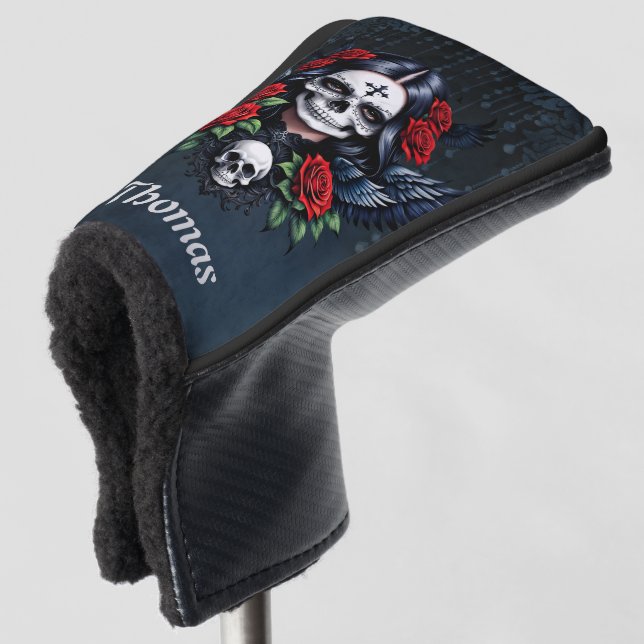 Zucker Schädelgel mit Rose. Golf Headcover (3/4 Vorderseite)