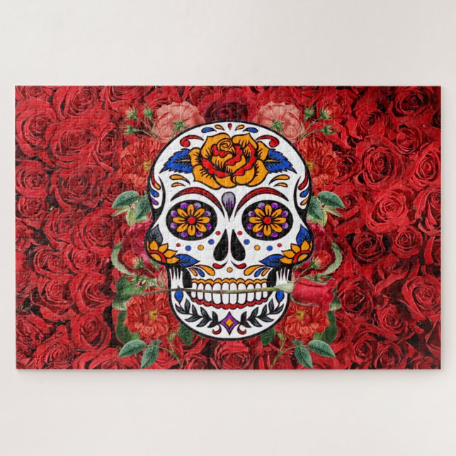 Zucker Skull Rosa Rote Rosen Urlaub Große Puzzle (Horizontal)