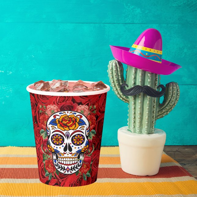 Zuckerhut Rosa Rote Rosen Urlaub Pappbecher (Sugar Skull Pink Red Roses Holidays Paper Cups)