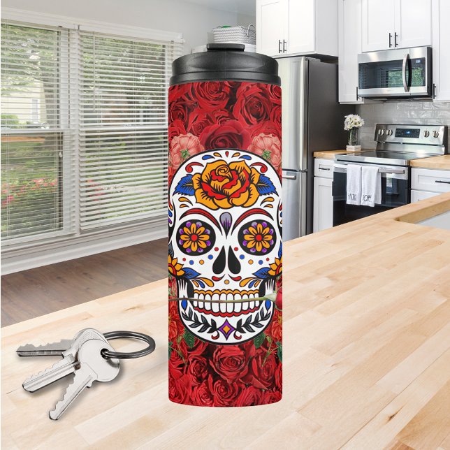 Zuckerhut Rosa Rote Rosen Urlaub Thermosbecher (Sugar Skull Pink Red Roses Holidays Thermal Tumbler)
