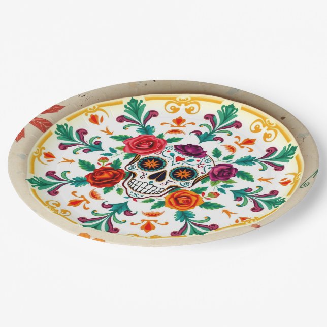 💀 🎉 Zuckerhut Supperware Día de los Muertos Pappteller (Schrägansicht)