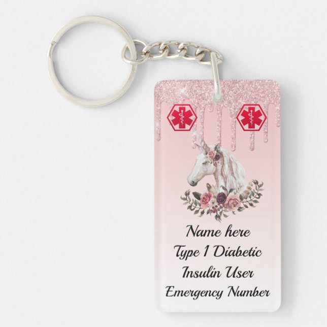 Zuckerkrankes BlumenEinhorn medizinischer Schlüsselanhänger (Vorderseite)