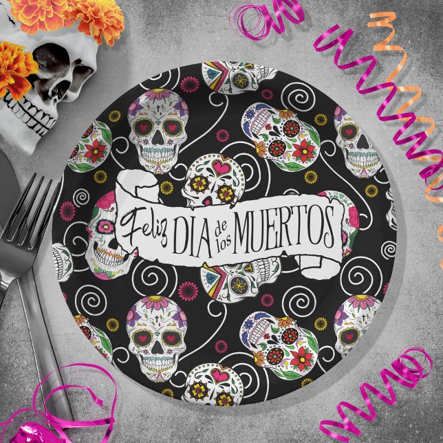 Zuckerkulls und Wirbel Rose Schwarz ID725 Pappteller (Von Creator hochgeladen)