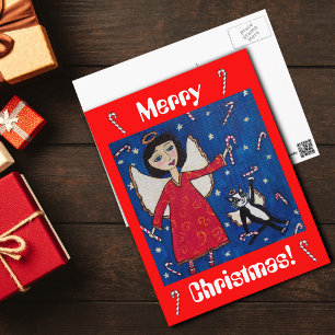 Zuckerrohr-Weihnachtsengel-und-Katze-Postkarte Feiertagspostkarte