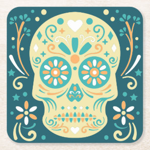 Zuckerschädel Aquamarin und Orange Rechteckiger Pappuntersetzer