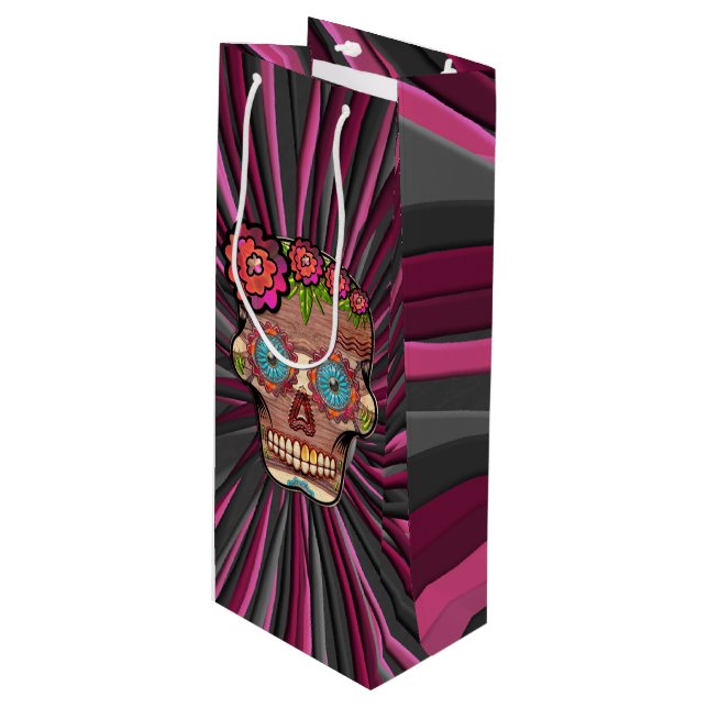 Zuckerschädel aus Schnittholz mit Blütenkrone Geschenktüte Für Weinflaschen (Vorderseite Schrägansicht)