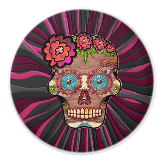 Zuckerschädel aus Schnittholz mit Blütenkrone Keramikknauf (Vorderseite)