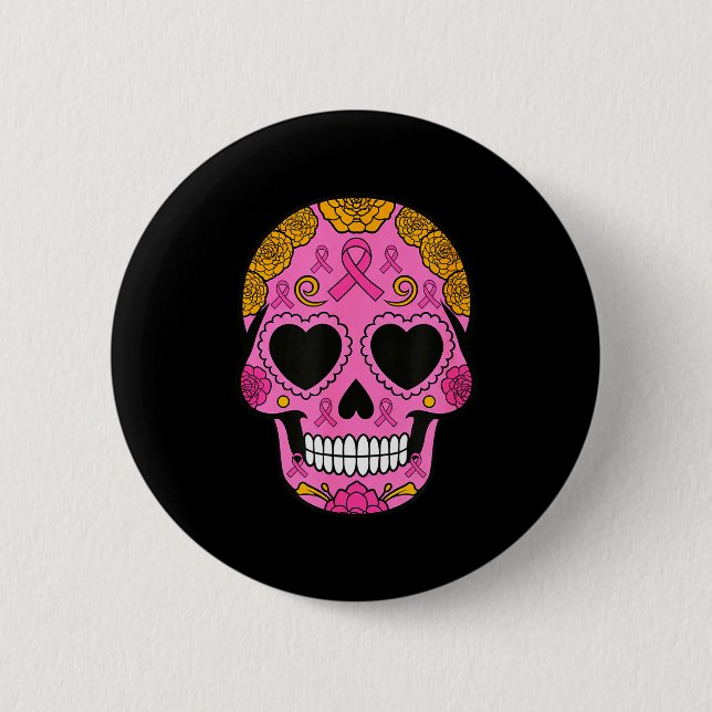 Zuckerschädel-Brustkrebs-Bewusstsein Rosa Band Ca Button (Vorderseite)