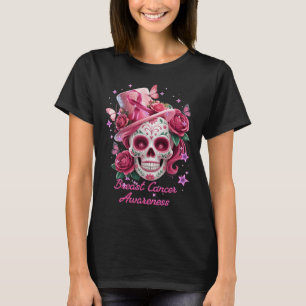 Zuckerschädel Brustkrebsbewusstsein Skelett Rosa T-Shirt