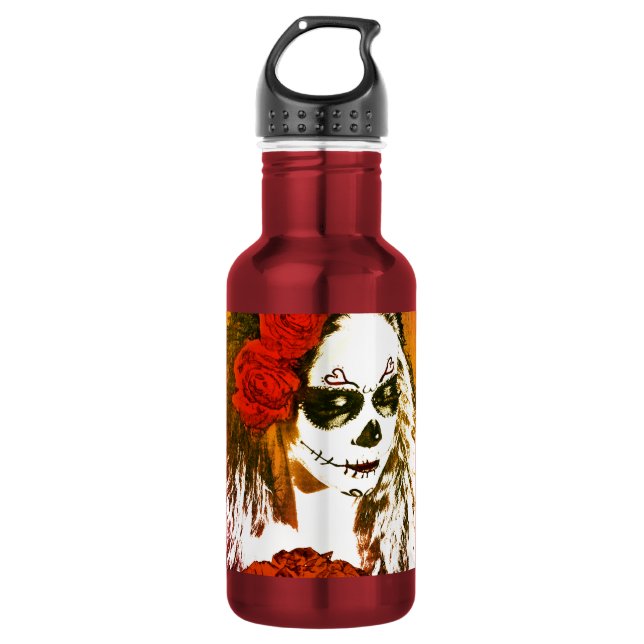 Zuckerschädel-Frau mit Rosen-Kunst Trinkflasche (Vorderseite)