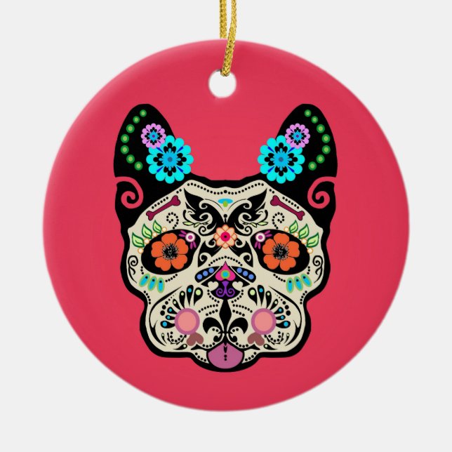 Zuckerschädel Frenchie - Rosa Keramikornament (Vorne)