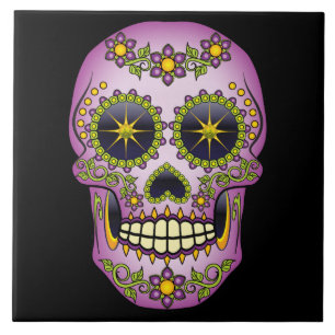 Zuckerschädel-lila Blumen Fliese