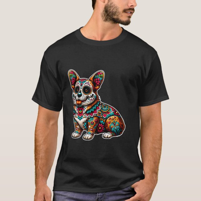 Zuckerschädel Mexican Corgi Bone Halloween de T-Shirt (Vorderseite)