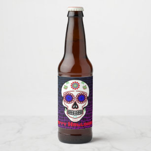 Zuckerschädel mit blauen Augen und grüner Lilie Bierflaschenetikett
