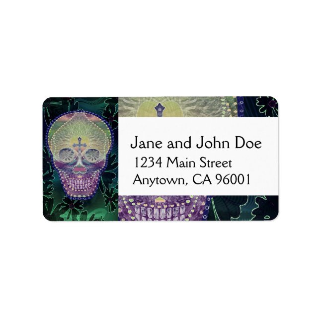 Zuckerschädel mit Regenbogenfarben, Herz Adressaufkleber (Vorne)