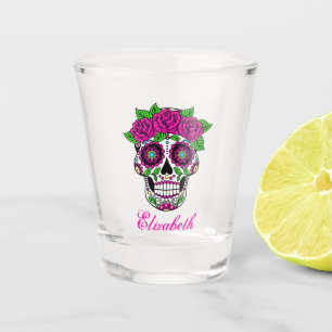 Zuckerschädel mit rosa Rosen personalisiert Schnapsglas